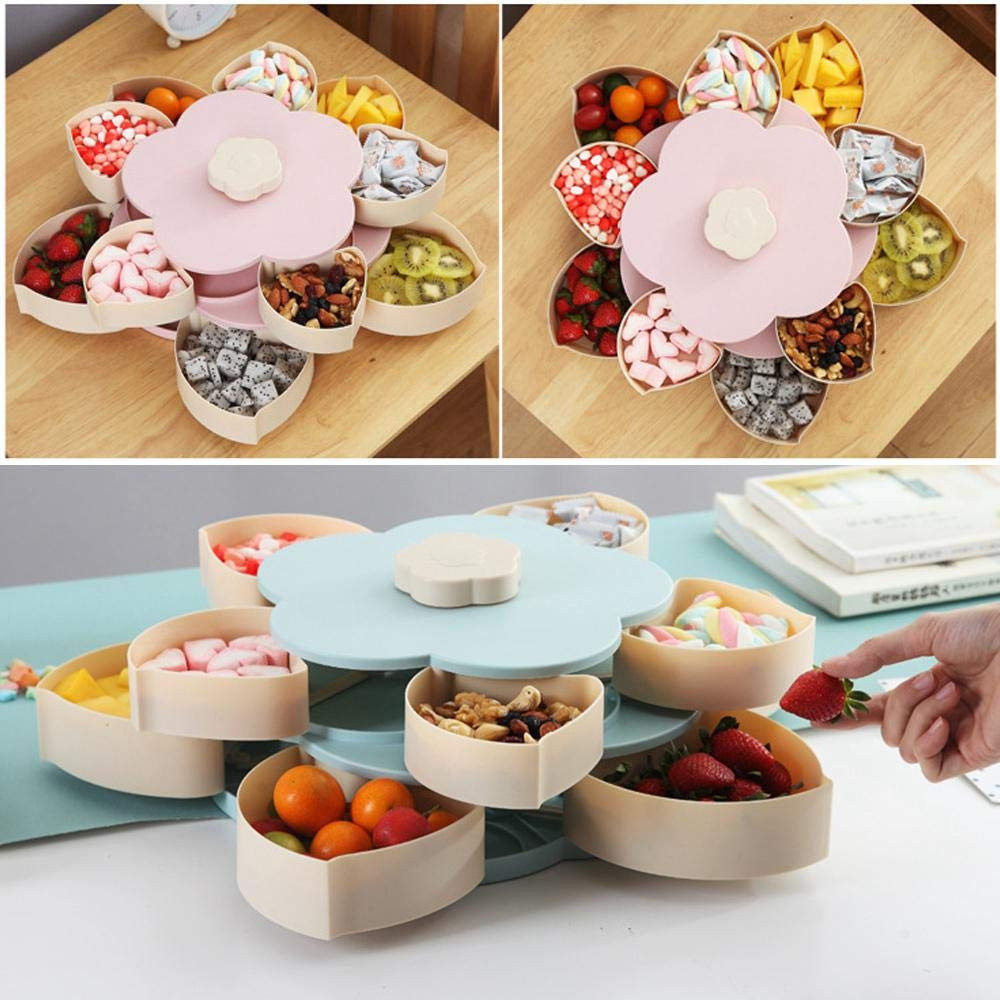 Masala Box, Candy Box, Double Layer Bloom Rotating Snack Box Flower Design Candy Storage Box